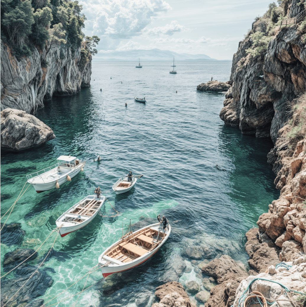 Small fishing boats floating on clear turquoise water near rocky coastal cliffs.