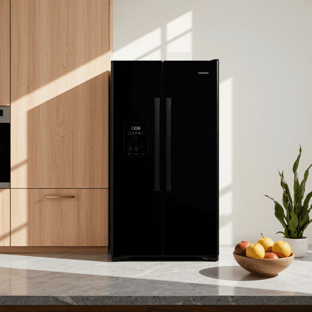product photography of a compact refrigerator with dual doors for food storage