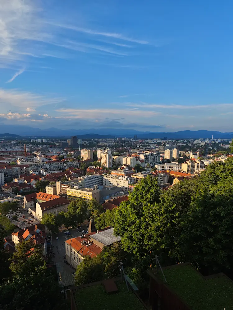 City view over Ljubljana from Ljubljana castle on a blue sky summer afternoon.