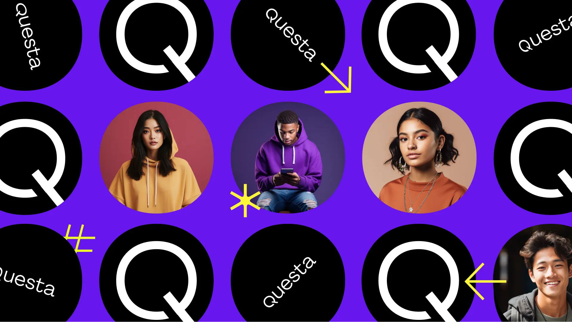 A colorful graphic featuring a grid of circles with the letter "Q" and several stylized images of individuals.