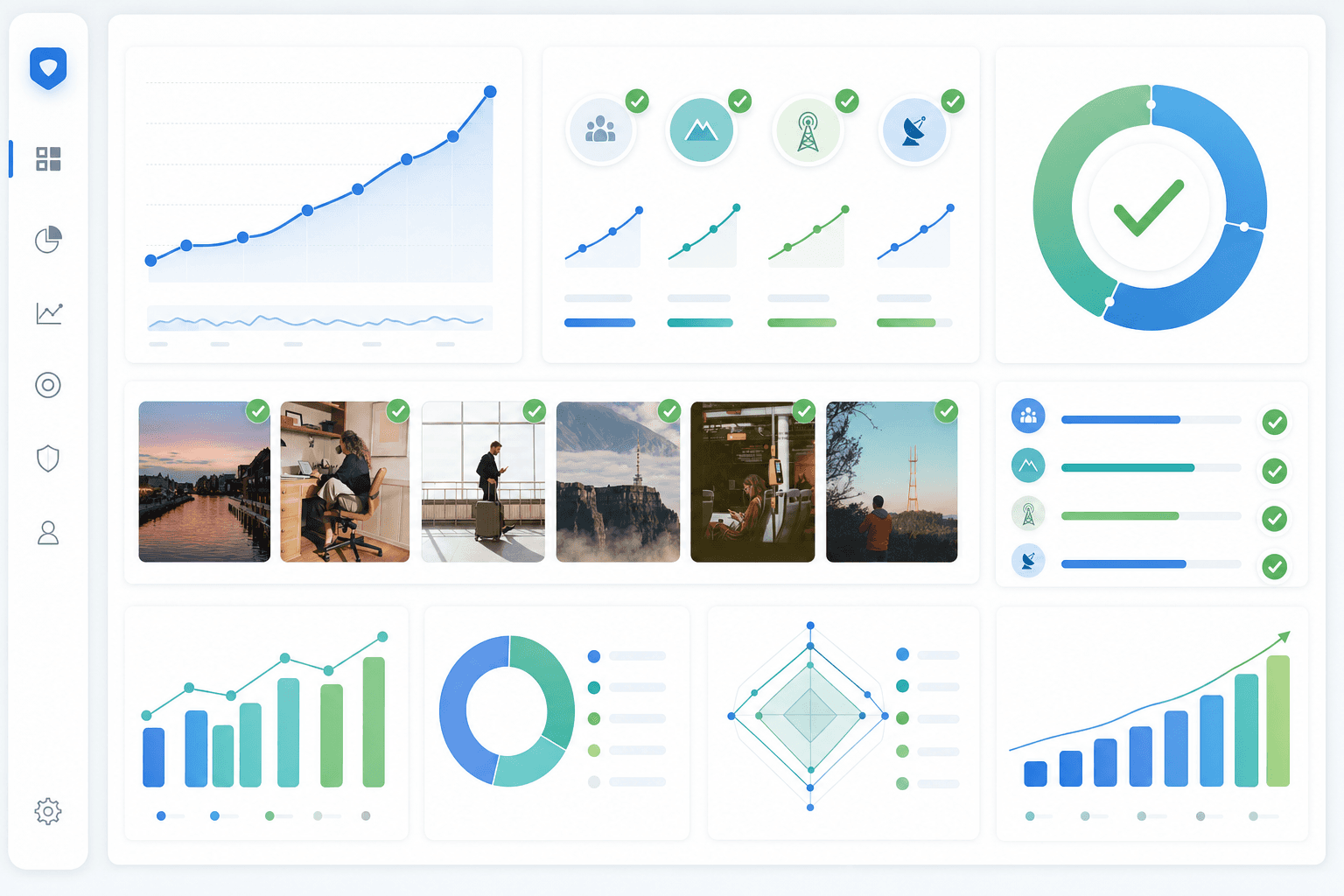A clean, modern dashboard or analytics visualization showing multiple performance metrics and success indicators being tracked together. Visual elements include upward trend lines, checkmarks, progress bars, and interconnected data points. Professional color palette with blues and greens. Minimalist business style showing the concept of measuring development success across multiple dimensions. No text or letters.