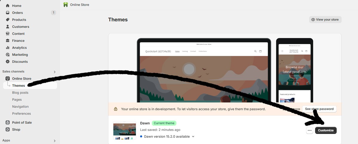 Shopify admin dashboard showing the Online Store, Themes section with an arrow pointing to the Customize button.