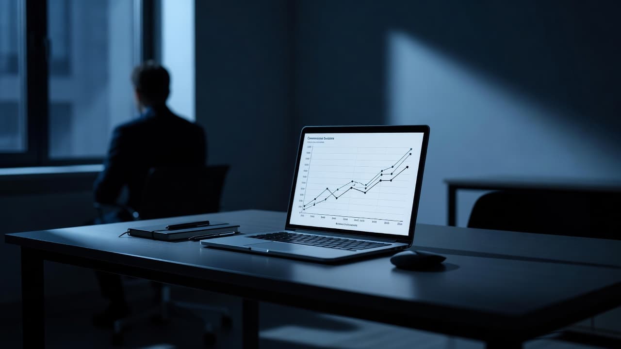 A dark laptop sits on a sleek desk displaying complex growth metrics. A silhouette of a professional stands in the dim background, emphasizing deep blue shadows and sharp cinematic contrast.
