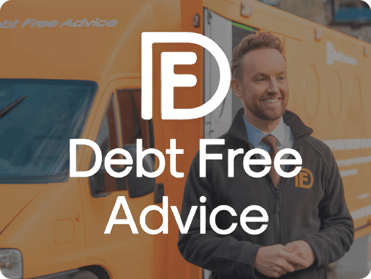 Image of Matt Dronfield stood in front of a van, the Debt Free Advice logo in overlaid