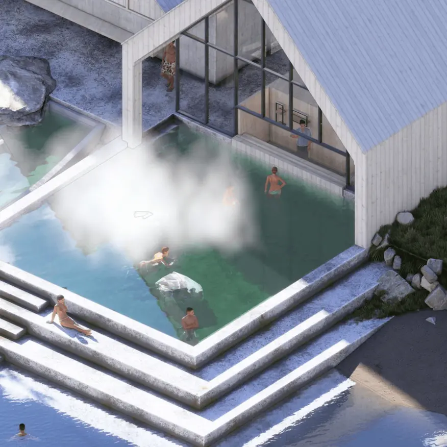 Render of a geothermal pool with concrete steps and rising steam next to a geometric building.