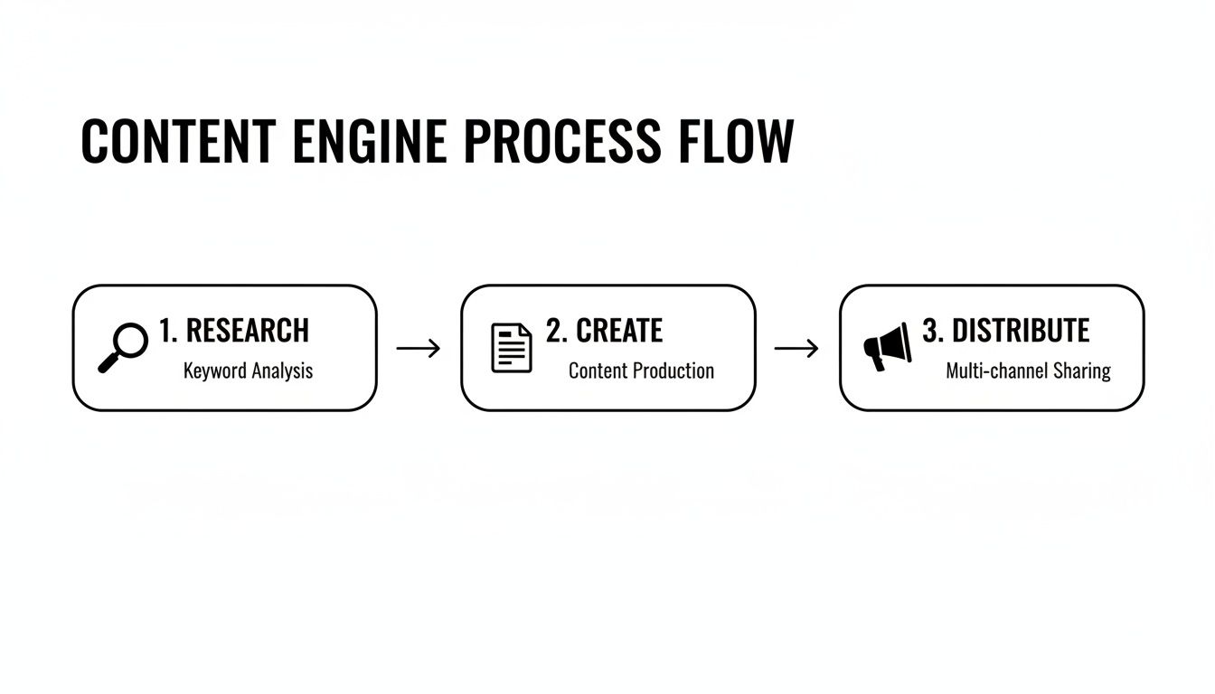 A content engine process flow diagram with steps for research, creation, and distribution of content.