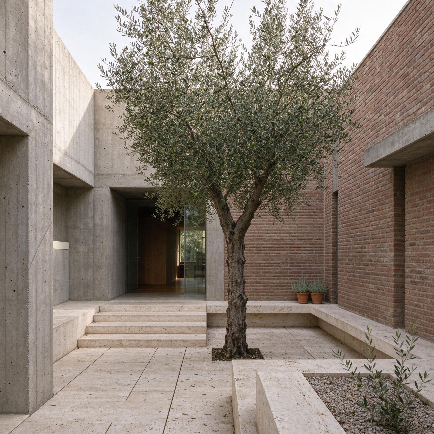 Concrete and brick library courtyard with an olive tree