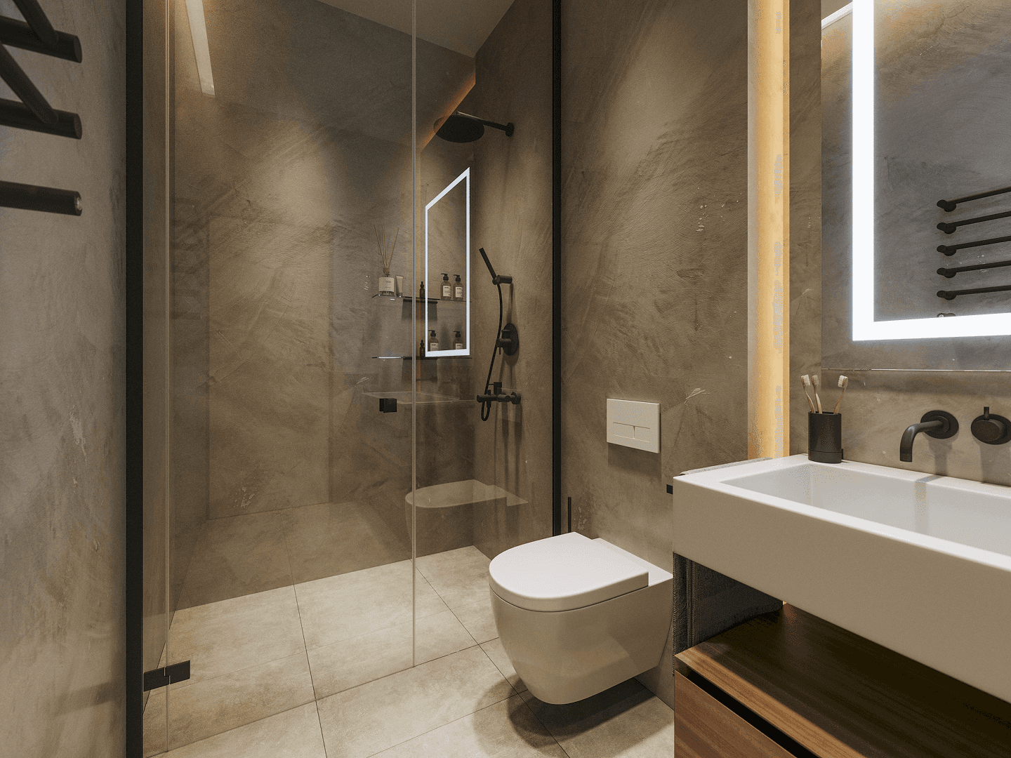 Détail douche (niche + lumière) ou carrelage + robinetterie (image sobre, premium).