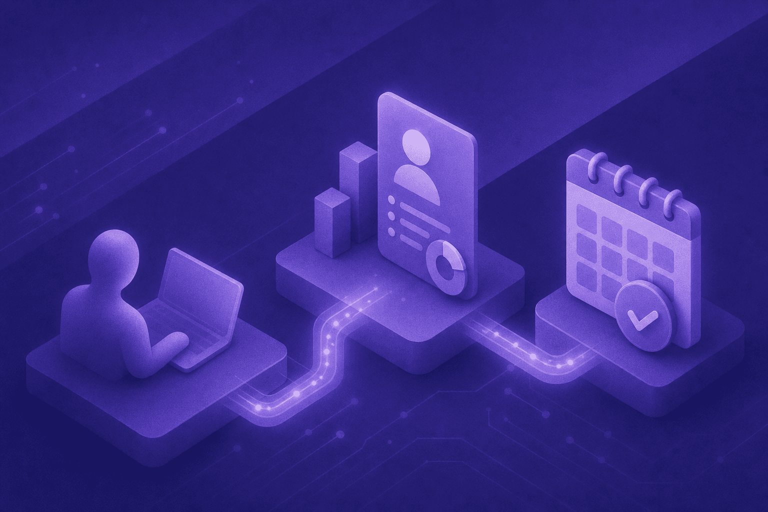 A clean, modern B2B technology illustration showing a website visitor journey: an anonymous silhouette browsing a laptop, connected by a glowing digital pipeline to a qualified lead profile with company data and scoring indicators, then routing to a calendar meeting booking, all on a dark blue background with subtle circuit-board or data flow visual elements, no people faces visible, professional and abstract style