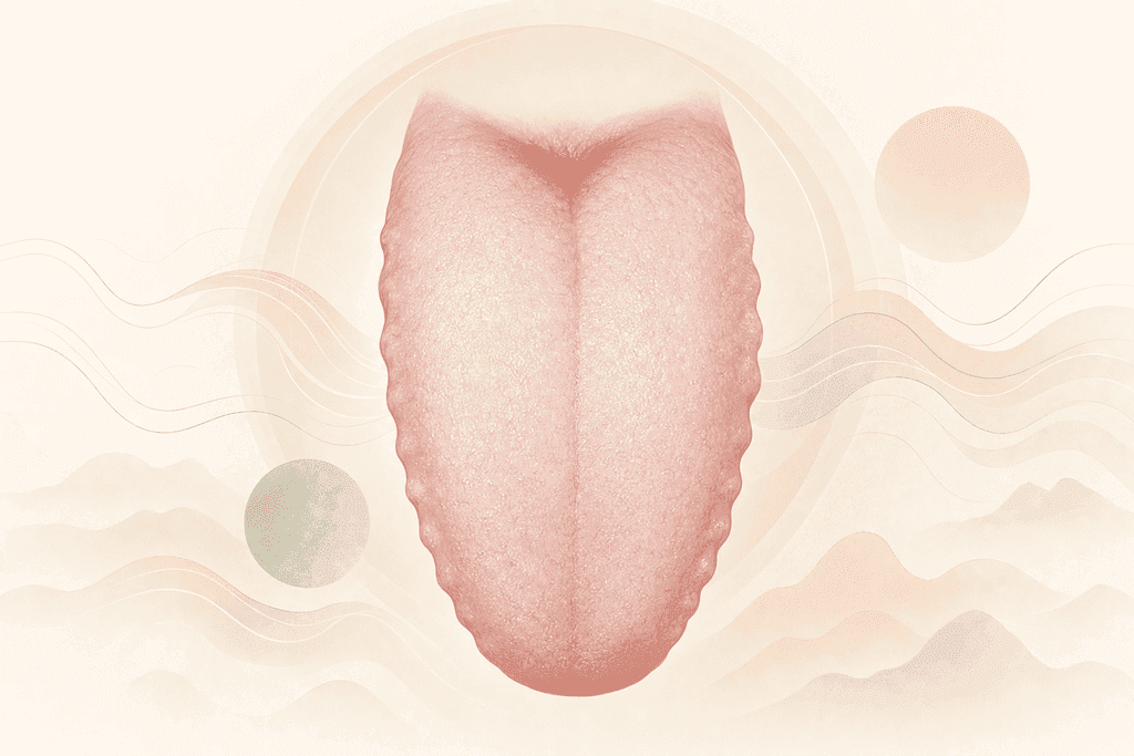 A professional, modern wellness editorial illustration of a single stylized tongue centered on a clean soft ivory background, viewed from above, with subtle visible signs suggestive of qi deficiency: a pale pink body, slightly swollen shape, gentle scalloped edges, a thin delicate coating, and a faint central line, rendered in an elegant clinical-meets-holistic style; surrounding the tongue are minimal flowing abstract energy waves and soft circular aura forms in muted blush, warm beige, pale sage, and light peach, suggesting low vitality and calm introspection; soft diffused lighting, subtle gradients, crisp composition, balanced negative space, refined medical-inspired infographic aesthetic, smooth matte textures, serene and contemplative atmosphere, no characters, no humans, no text.