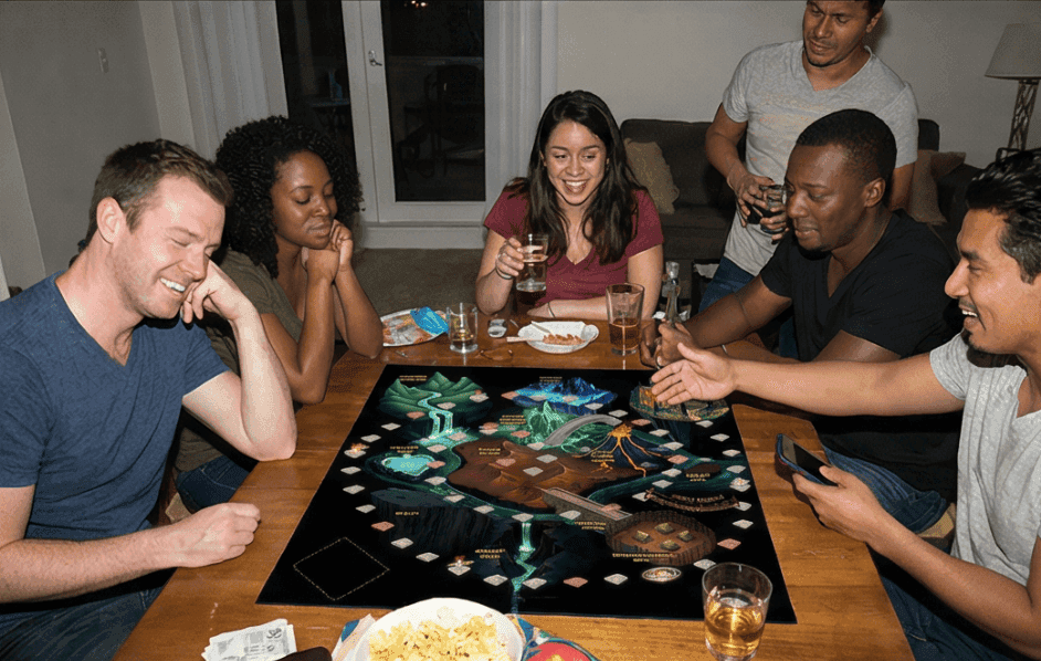 5 friends playing a board game in relaxed settings, and one person is standing on the side, watching the game.