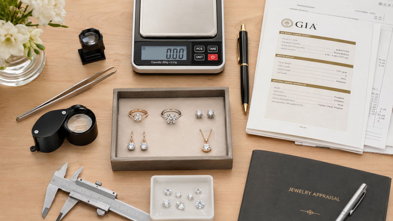 A professional jeweler's workbench showing diamond jewelry, a GIA grading report, appraisal book, and measuring tools.