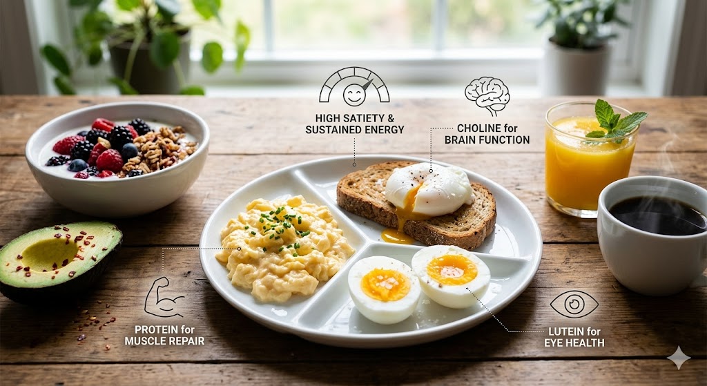 A top-down photograph of a healthy breakfast platter featuring scrambled, soft-boiled, and poached eggs. Text and icon overlays highlight key benefits: muscle icon for 'PROTEIN for MUSCLE REPAIR,' brain icon for 'CHOLINE for BRAIN FUNCTION,' an eye icon for 'LUTEIN for EYE HEALTH,' and a satiety meter for 'HIGH SATIETY & SUSTAINED ENERGY.' The meal is served on a rustic wooden table with sides of Greek yogurt, berries, granola, avocado, and orange juice. Natural light style, premium health magazine composition.