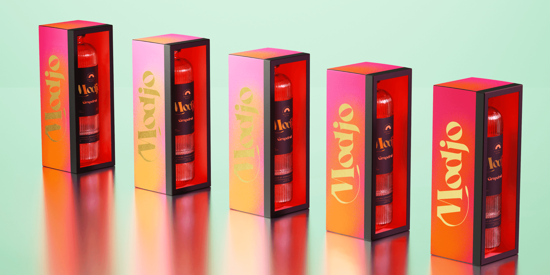 Markenwelt Modjio Gin – fünf Gin-Verpackungen in Farbverläufen von Rot über Orange bis Magenta, in Reihe gestellt.