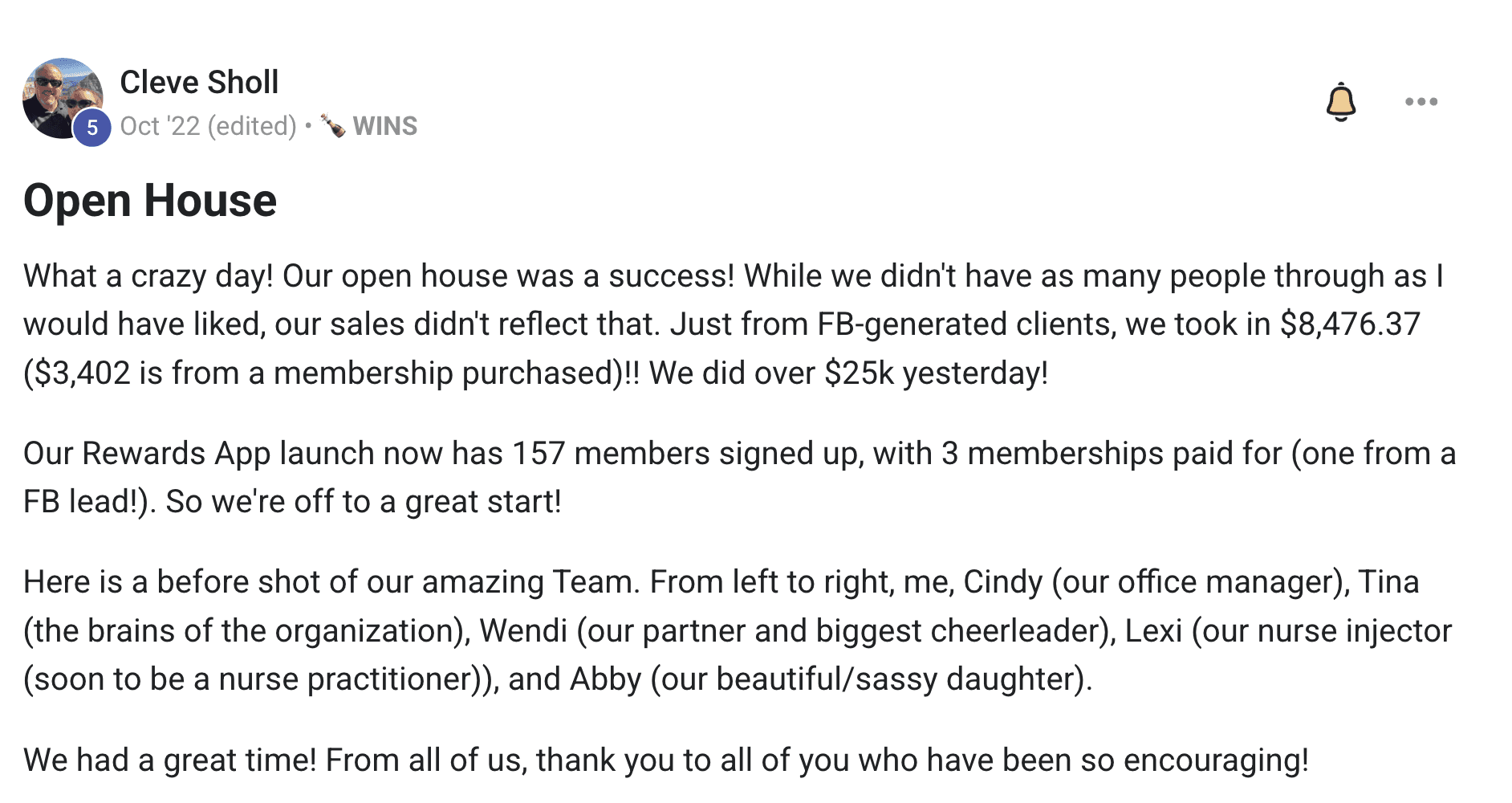 Forever Booked funnel results for Aesthetic Solutions open house event generating over $25,000 in single-day revenue and 157 rewards members