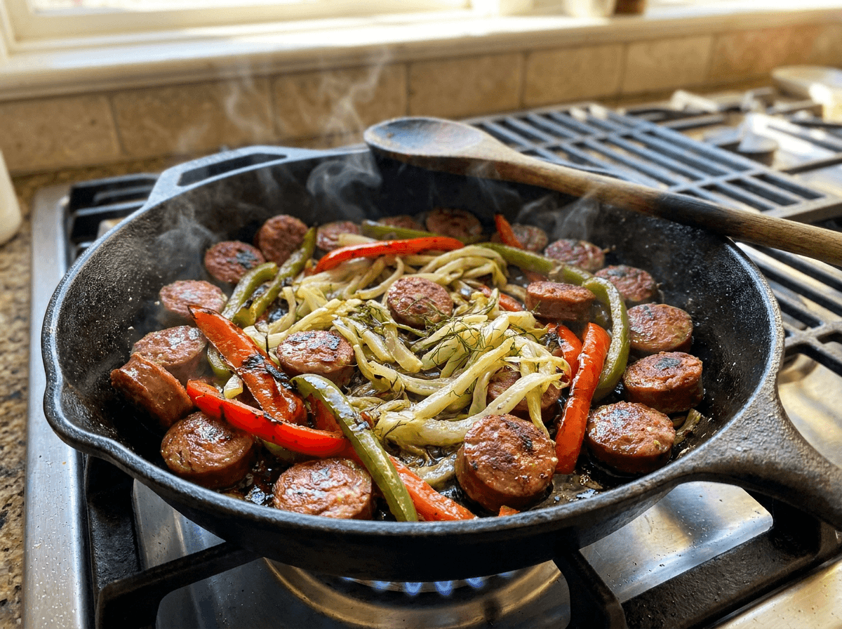 Cast-iron skillet with sausage, peppers, and fennel low carb dinner