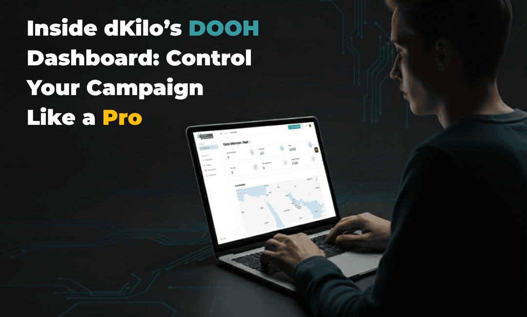 A professional controlling a DOOH advertising campaign through dKilo’s analytics dashboard, showcasing real-time insights and campaign control.