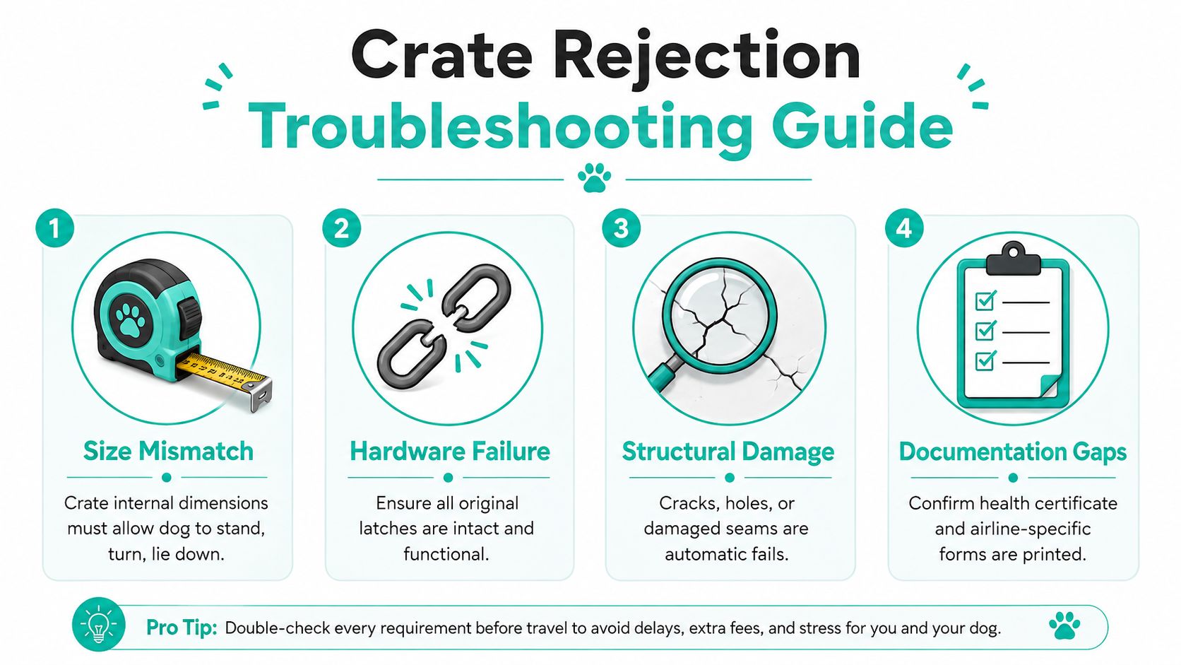 An infographic titled Crate Rejection Troubleshooting Guide explaining four main reasons for pet crate rejection by airlines.