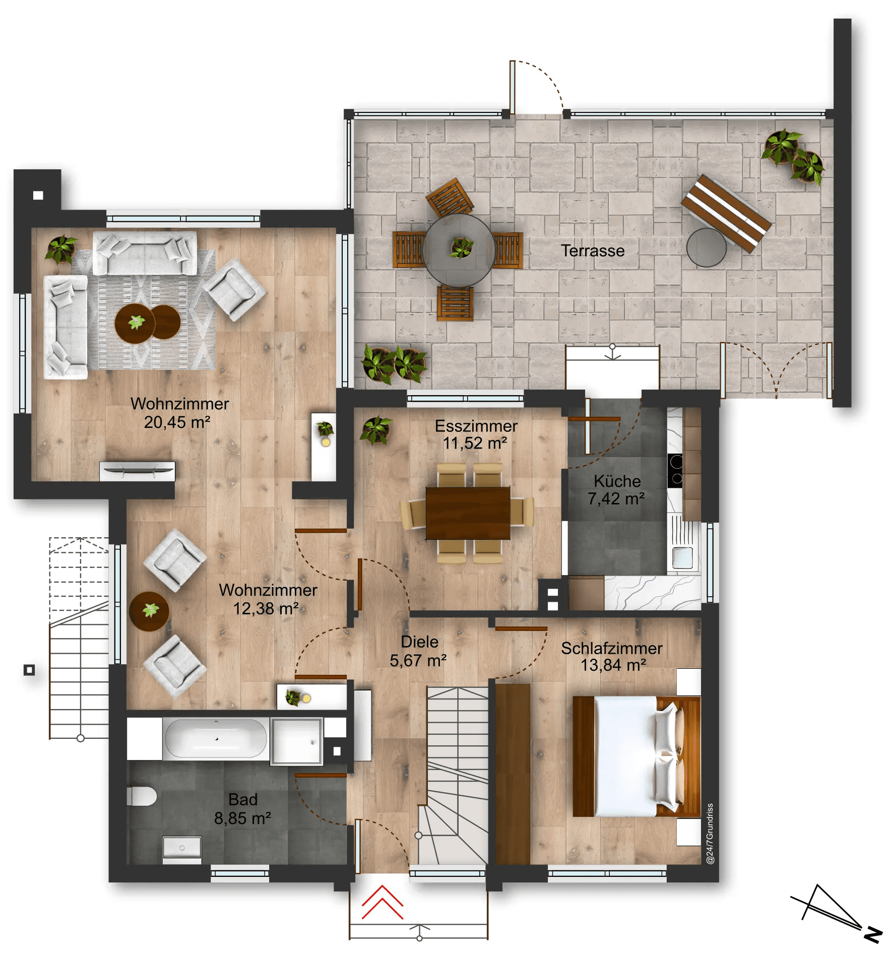 Möblierter Grundriss des Erdgeschosses mit Wohnzimmer, Esszimmer, Küche, Schlafzimmer, Bad und Terrasse in Gronau-Epe. Bildtitel: Grundriss Erdgeschoss Gronau-Epe