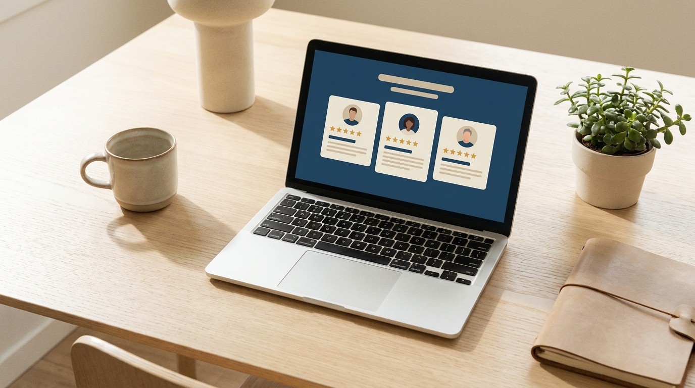 Trust Signals Website Beispiel mit Kundenstimmen und Bewertungen auf einem Laptop