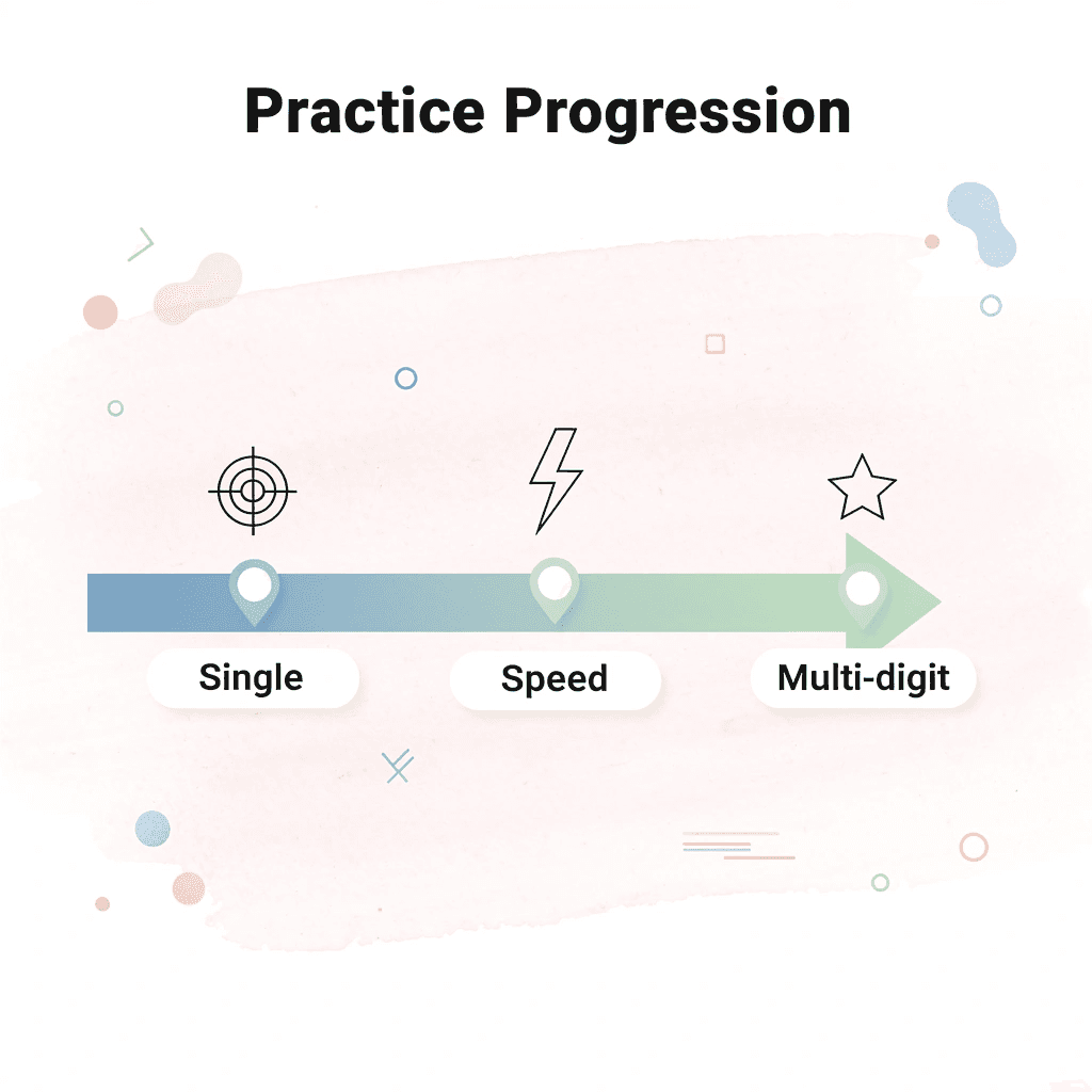 Practice progression from single digits to speed to multi-digit numbers
