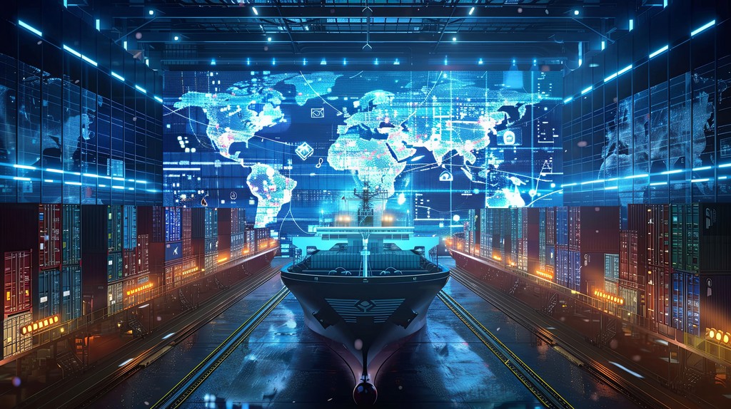 Shipping container yard with a futuristic digital world map overlay, highlighting global trade and logistics operations with advanced technology