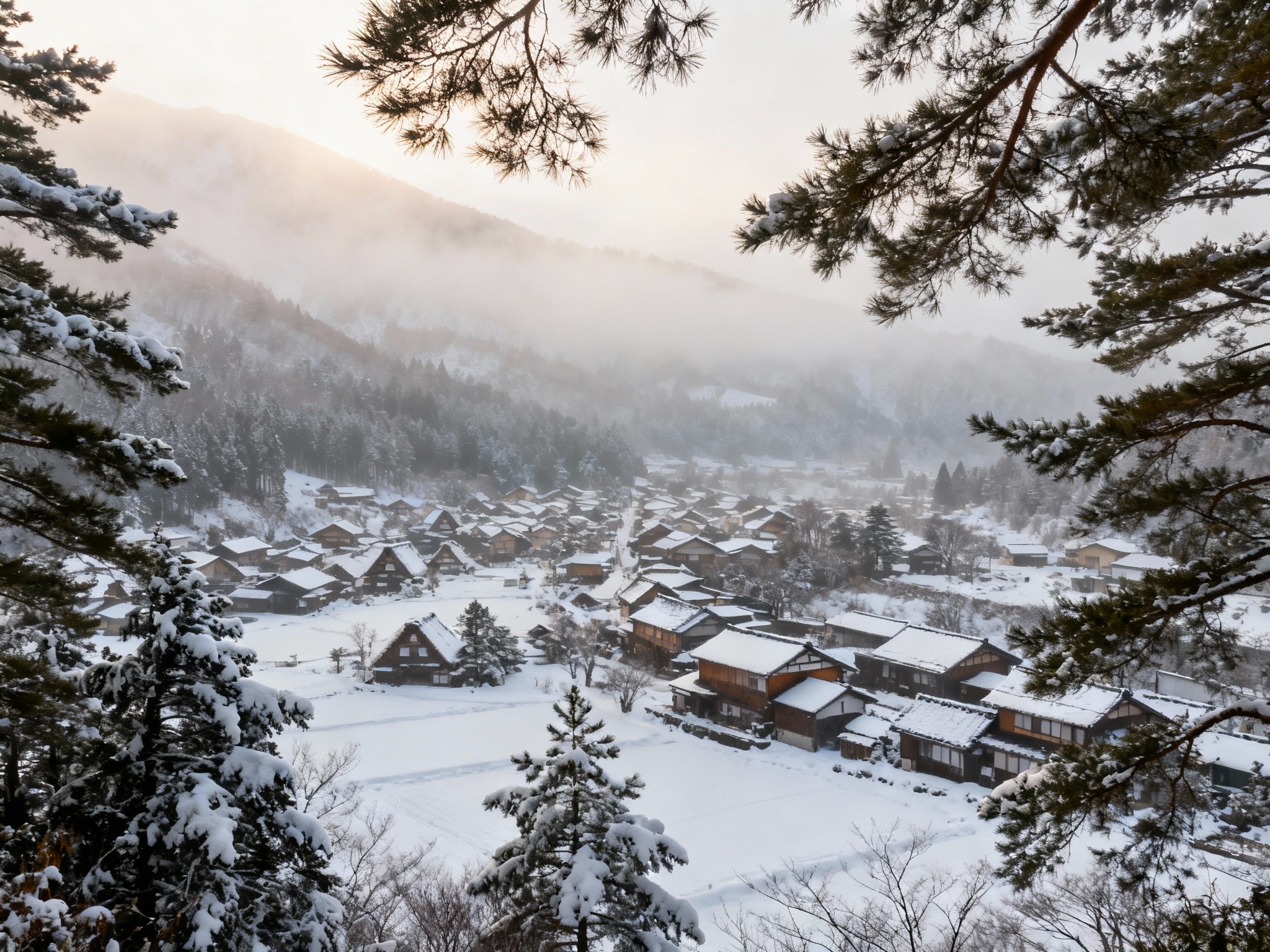 An editorial-style panoramic photograph of a quiet traditional Japanese village nestled in a snowy