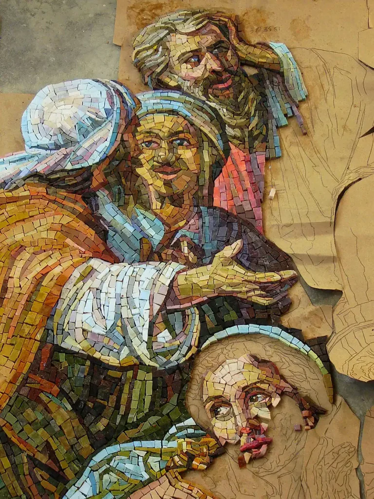 Religious mosaic artwork depicting Mary Magdalene and Jesus from John 8:7.