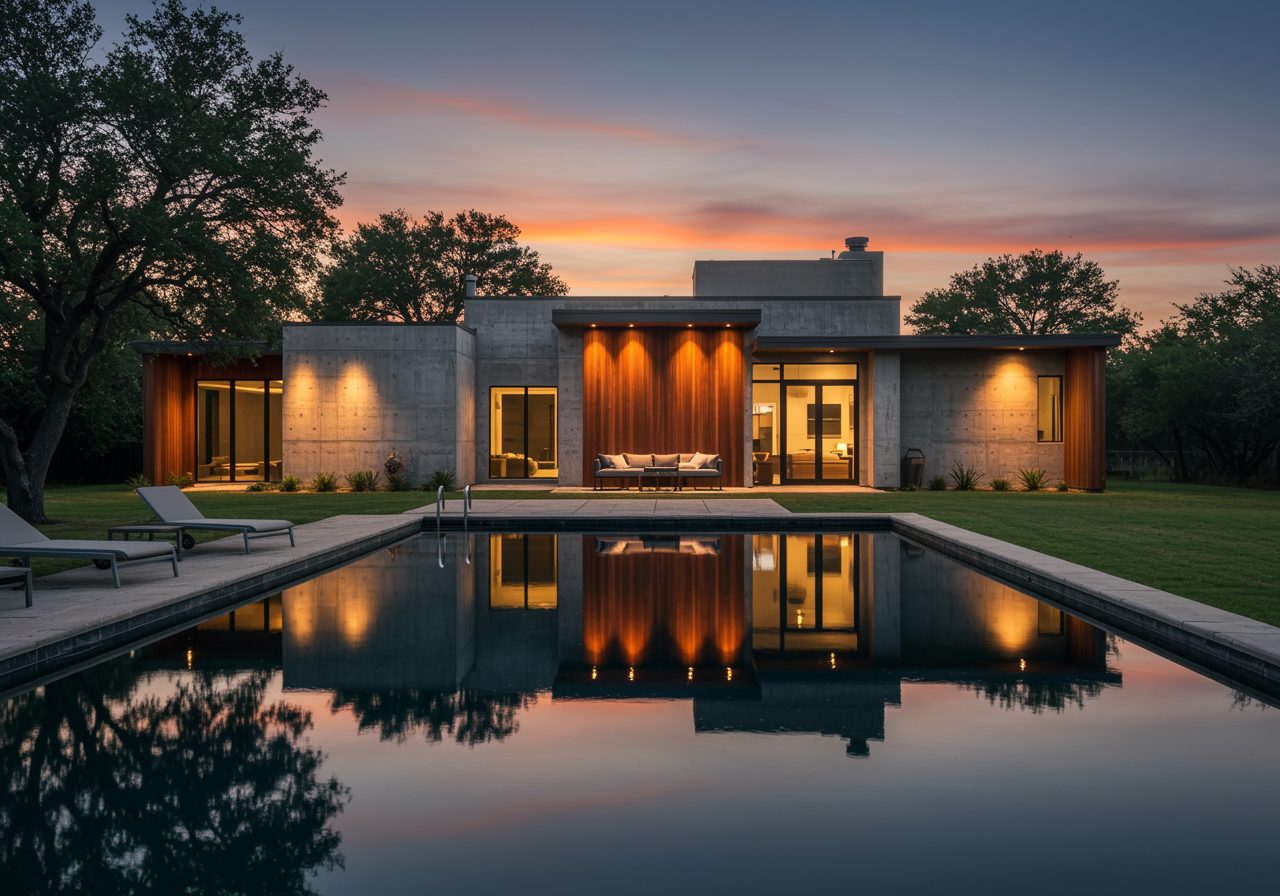 A stone and timber house reflected in a long pool at dusk