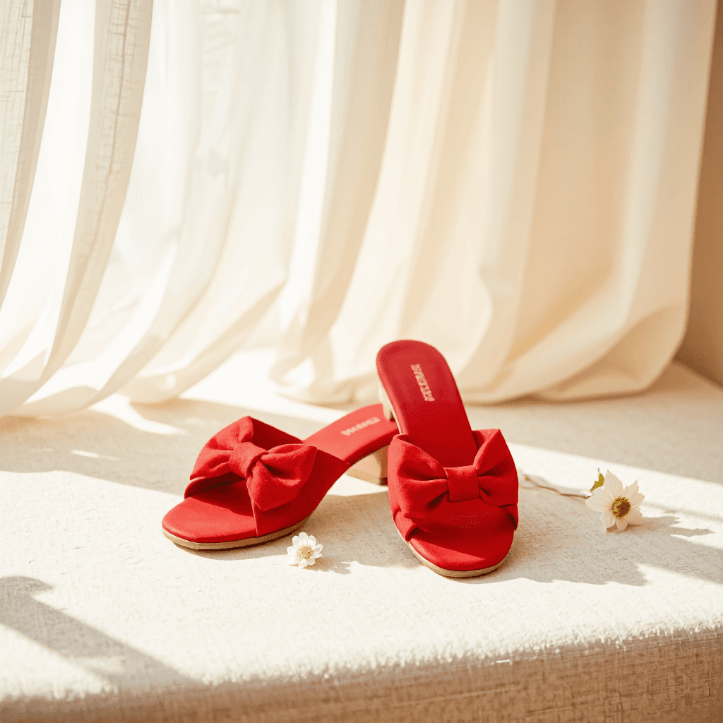 product photography of a pair of stylish sandals with decorative bows