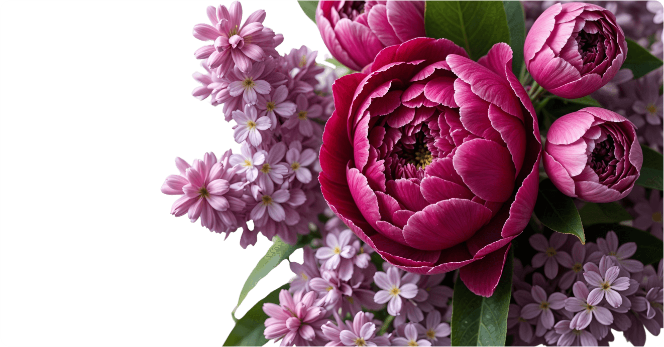 A close-up view of a bouquet featuring two types of flowers. In the foreground are large, lush pink peonies with multiple layers of petals, fully opened and showing their intricate centers. Behind them are clusters of smaller, light purple flowers that appear to be lilacs. The image is cropped to focus on the flowers, with some green leaves visible.