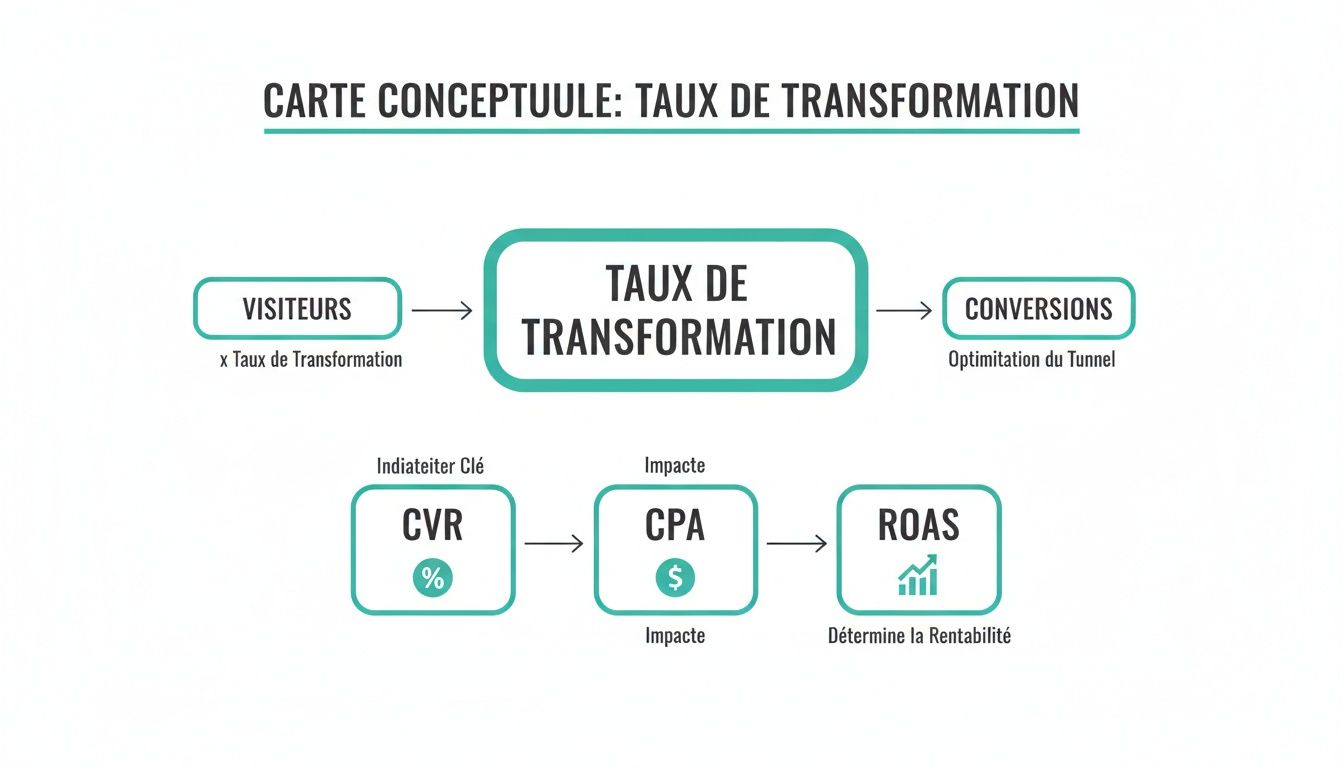 Carte conceptuelle du taux de transformation, illustrant les visiteurs, conversions, CVR, CPA et ROAS.