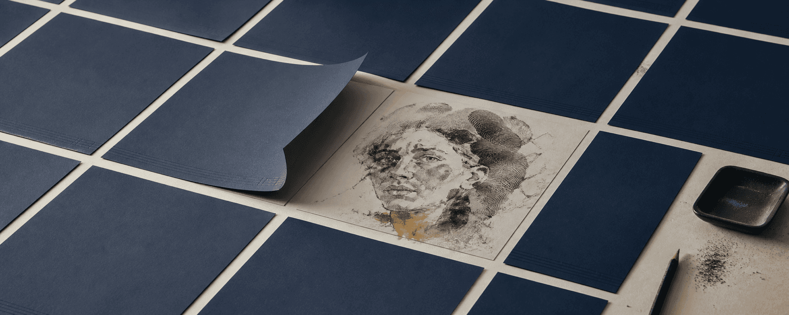 Navy tiles conceal a graphite portrait beneath one lifted tile.