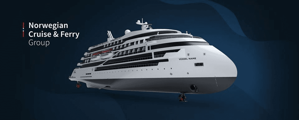 A futuristic ship glowing in blue light, sailing on a dark, reflective surface.