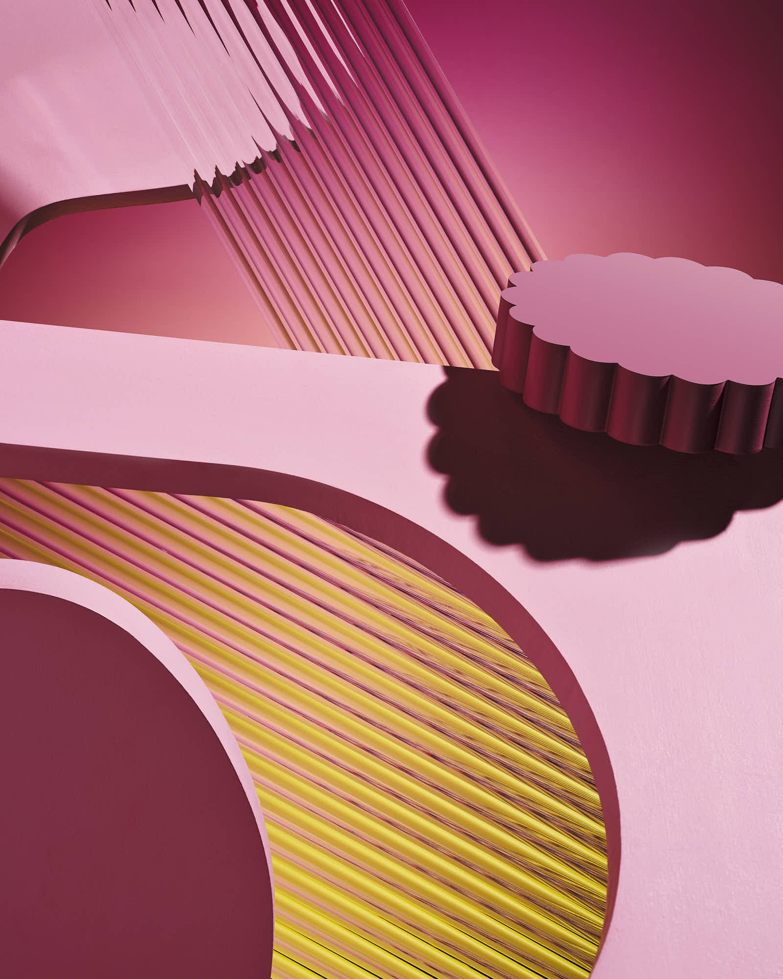 Abstract geometric art in pink and yellow tones, featuring curved lines and 3D shapes.
