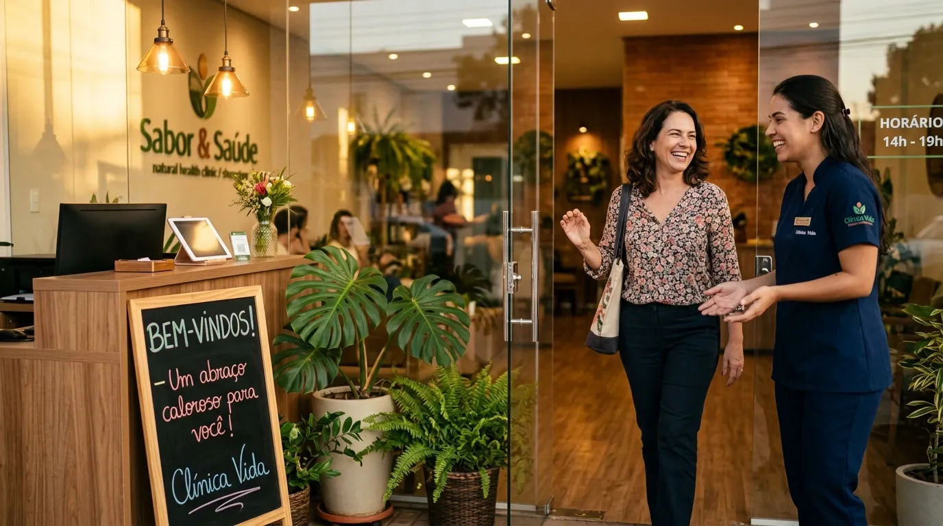 Cliente sendo recebida por atendente na entrada da Clínica Vida em Uberlândia após encontrá-la pelo Google local