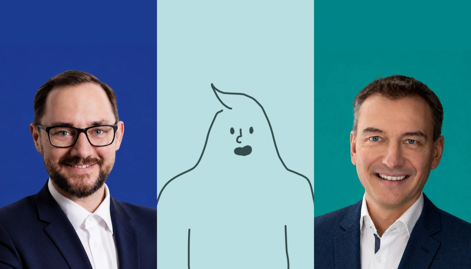 Bild von zwei männlichen Personen und einem illustrierten Digital MATE