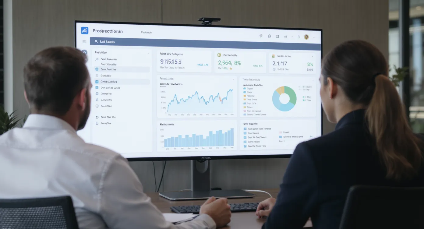 Scène montrant un responsable commercial et une SDR devant un tableau de bord de prospection sur un grand écran, avec des cartes de leads, taux de réponse et rendez-vous programmés. Les écrans doivent être orientés face aux personnes, rien ne doit apparaître derrière l’écran d’un ordinateur portable.