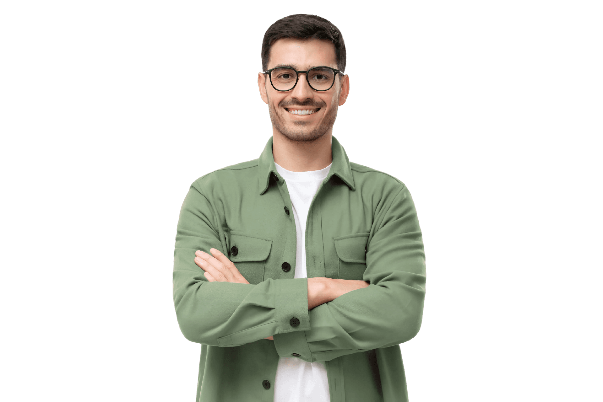 Smiling man with glasses, arms crossed, green shirt.