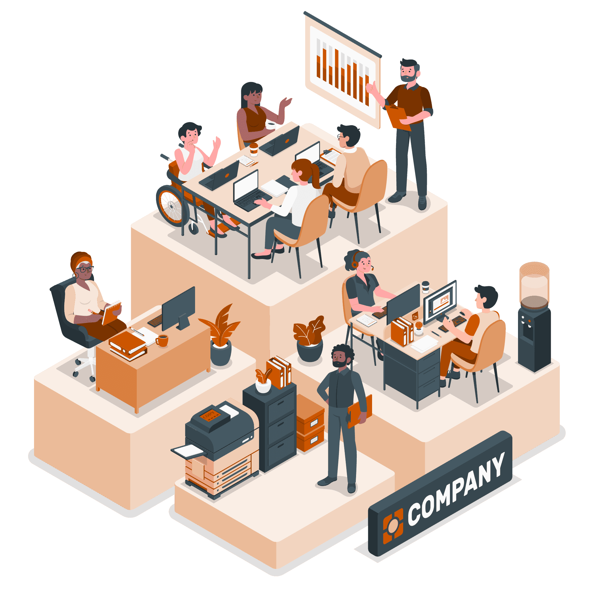 Illustration showing a big group of people working together in an office