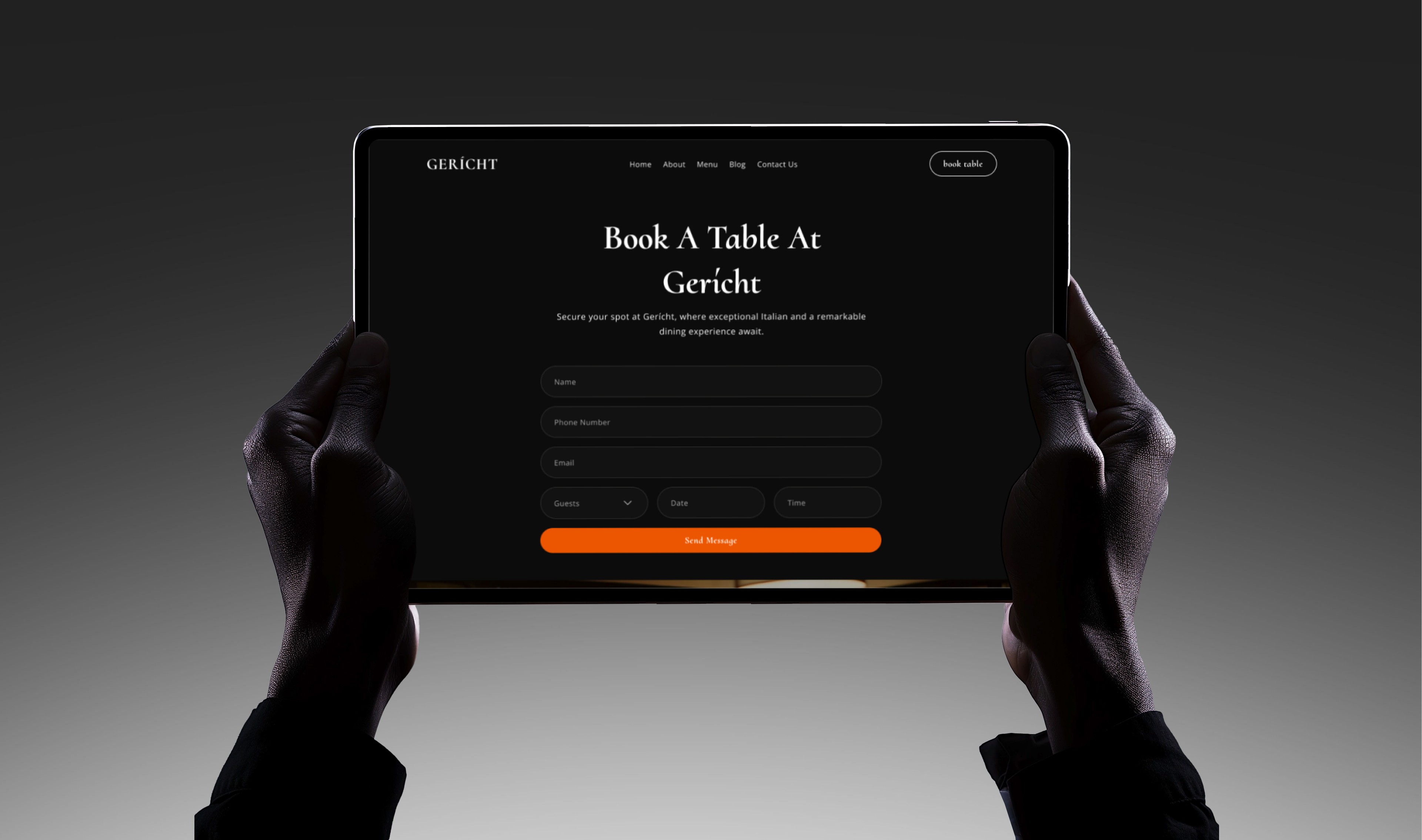 A tablet held by a pair of hands, displaying the "Book A Table" page of the Gericht website, which includes a reservation form and an orange "Book" button.