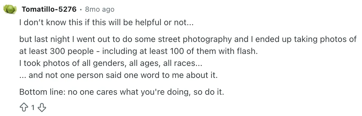 Reddit comment on how to photograph people on the street without feeling awkward
