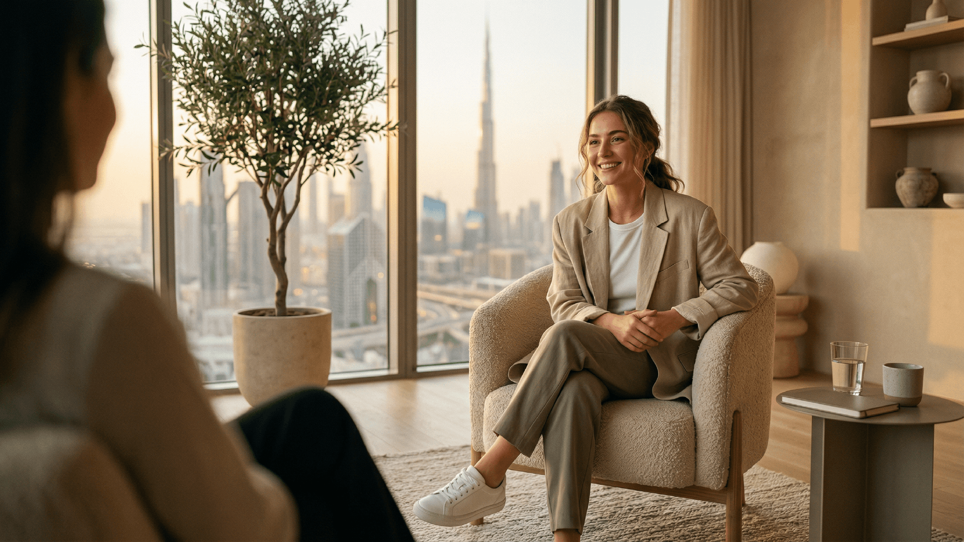 Professional counsellor conducting a consultation session in a modern Dubai office environment