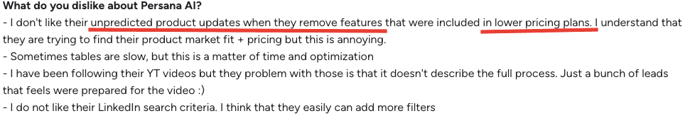 Persana AI user complaining about its sudden change in feature