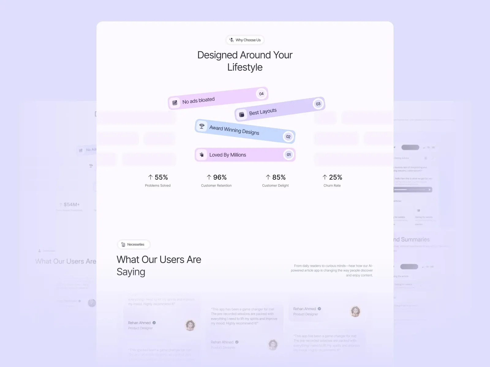 Design-focused webpage highlighting user satisfaction statistics and features.