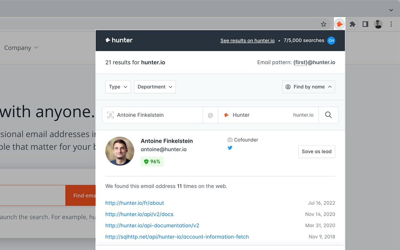 Best Apollo alternatives Hunter email finder showing domain-based contact discovery with verified confidence scores.