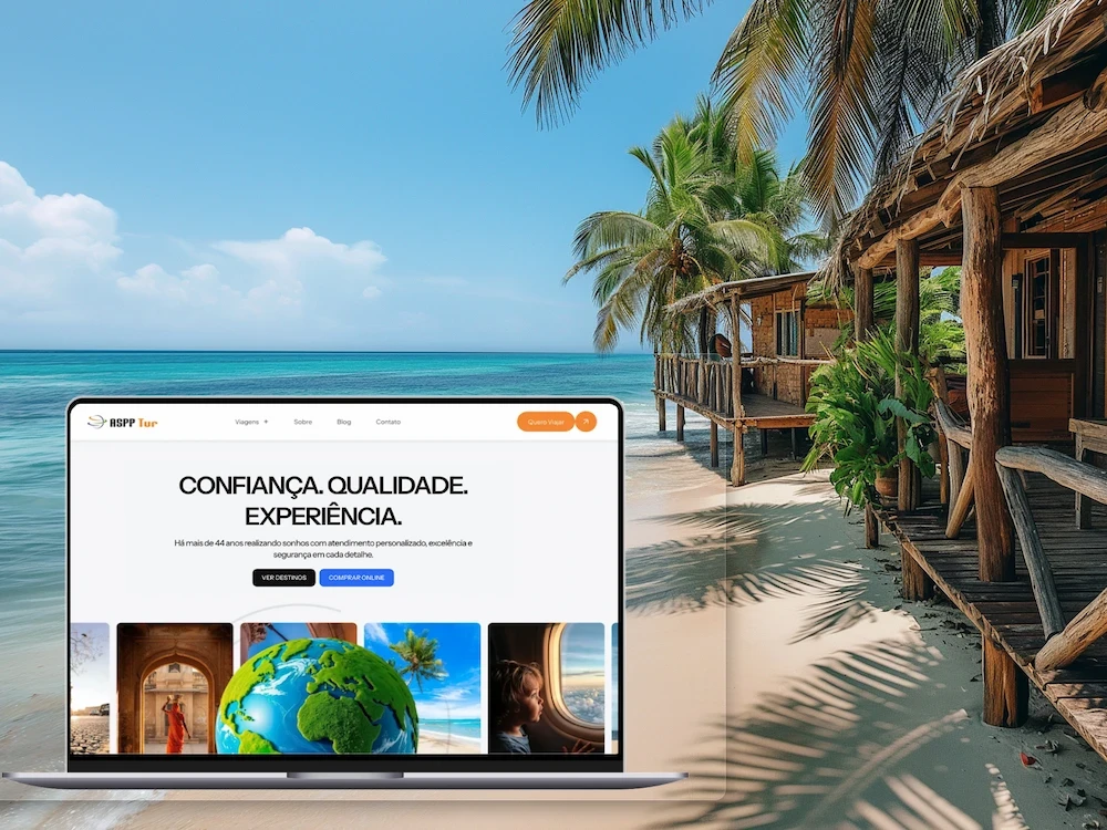 Travel agency website design with tropical destination visuals and booking interface