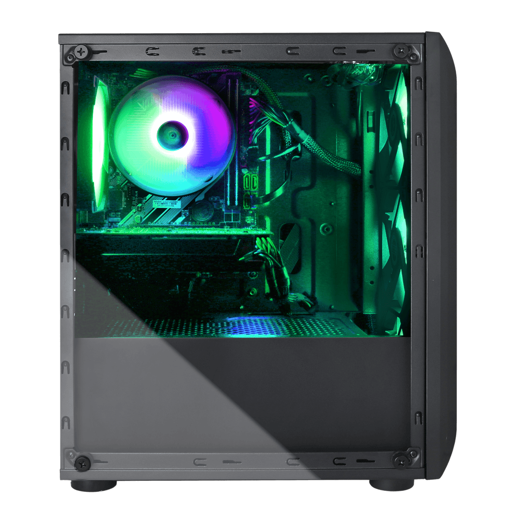 This image showcases an intricately designed gaming PC featuring a vibrant rainbow LED fan at the center, illuminating the internal components with a spectrum of colors. The clear glass side panel provides a full view into the chassis, displaying high-end gaming hardware including a powerful graphics card and a meticulously organized cable management system. This setup not only highlights the aesthetic appeal of modern gaming rigs but also emphasizes the advanced technology and performance capabilities essential for top-tier gaming experiences. Ideal for gamers seeking both visual flair and high performance in their gaming equipment.