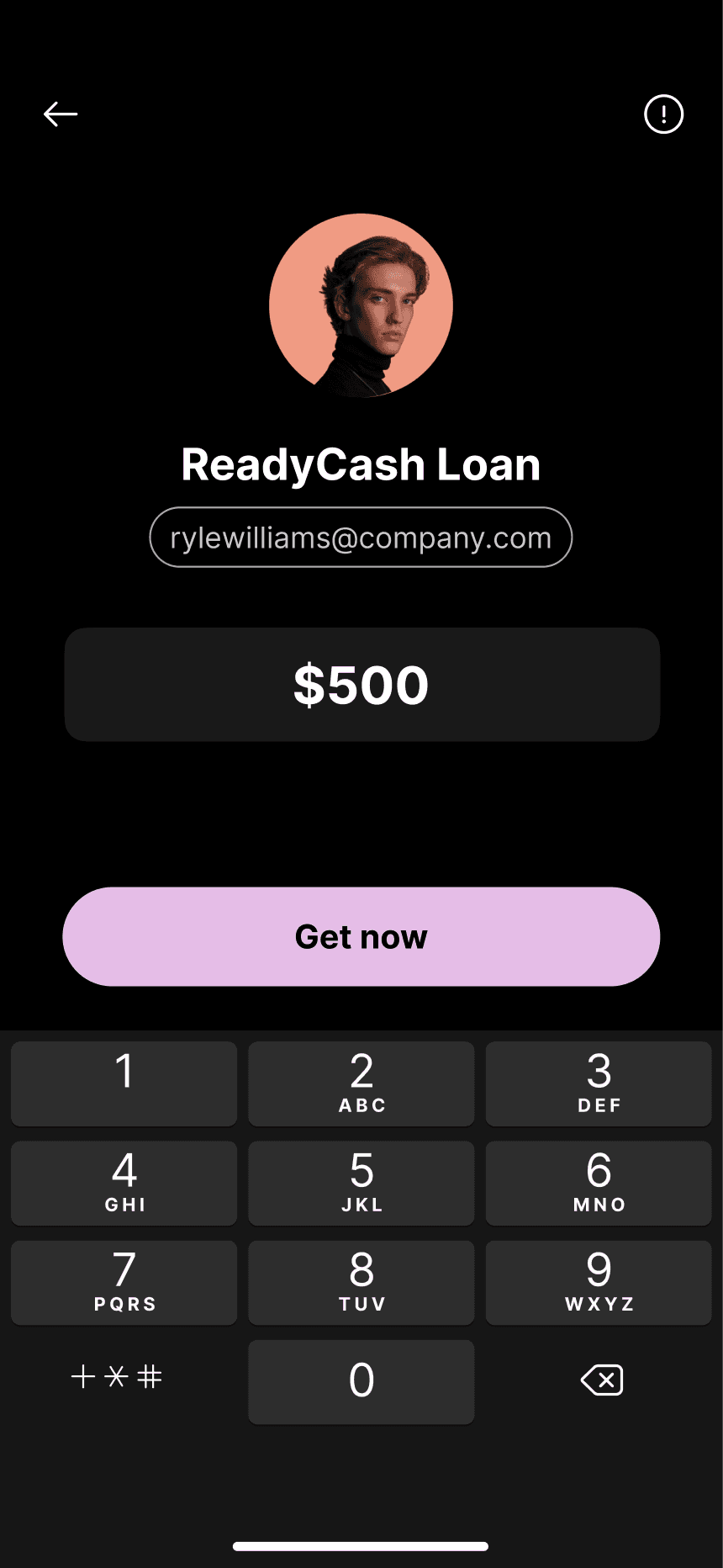ReadyCash Loan app interface showing $500, a pink Get now button, user profile photo, and a numeric keypad on black.