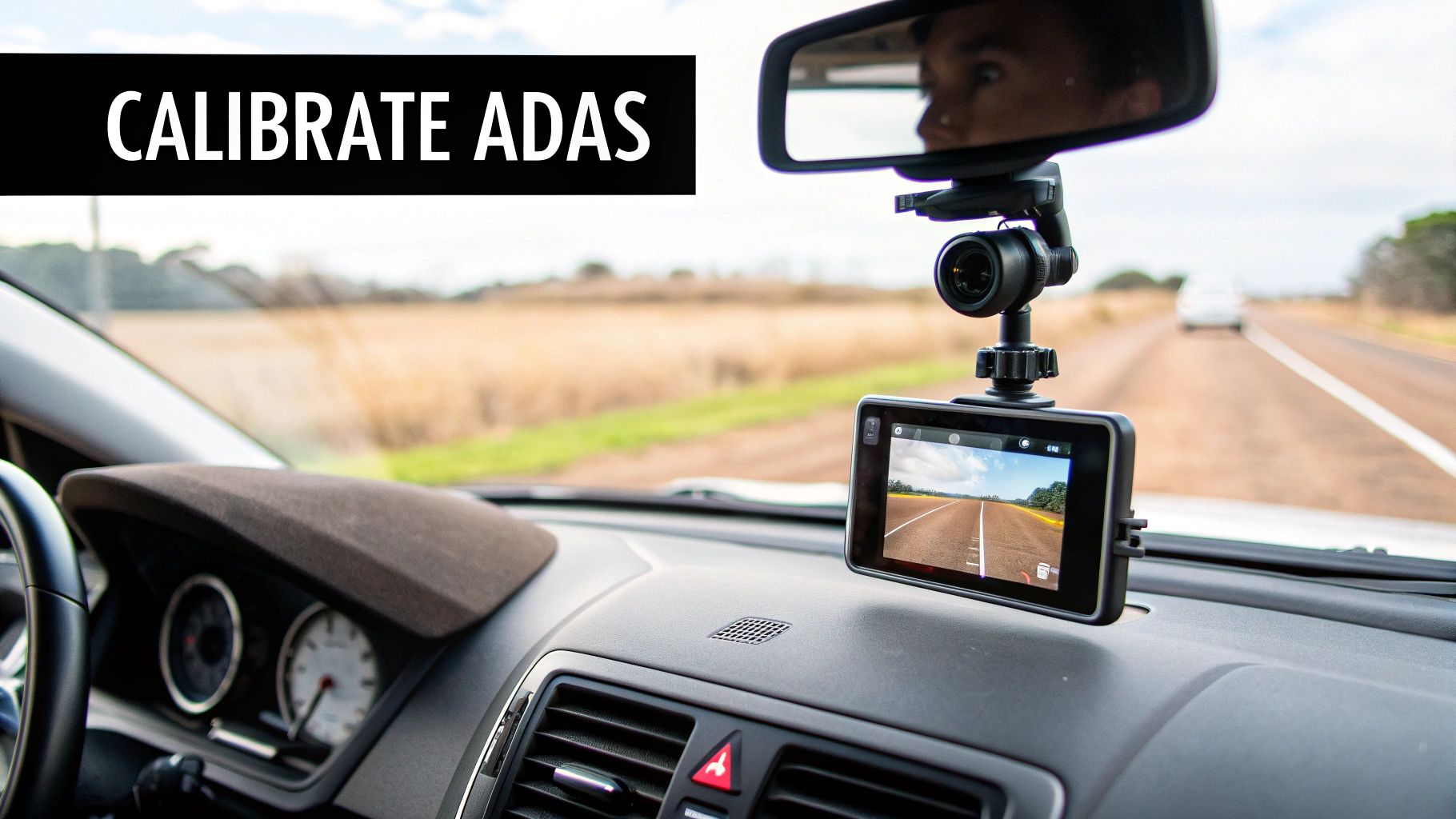 A dash cam mounted in a car with 'CALIBRATE ADAS' text, showing a road view.